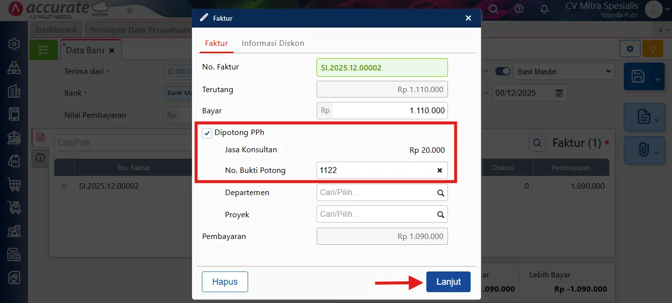 Cara mencatat uang muka dikenakan PPh 23